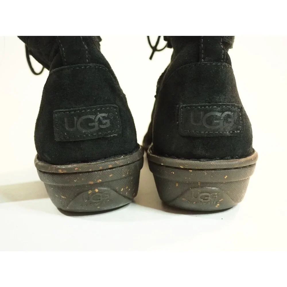 Ugg Black Leather Suede Tweed Cuff Sheepskin Lined Laced Boots, Size 9 (US)
